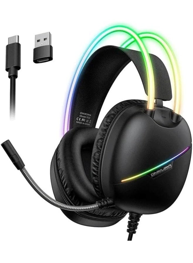 onikuma X33 RGB Wired Gaming Headset with Type-C & USB Connectivity and Noise Cancelling Microphone, 50mm 3D Stereo Sound, Comfortable Over-Ear Design for Mobile, PC, Xbox and PS4/PS5 (Black) - Image 1